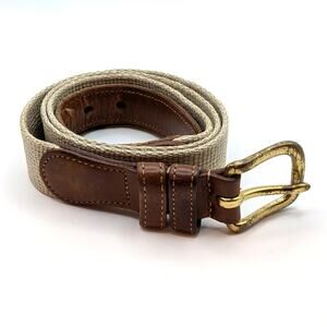 COACH Natural Linen and Brown Leather Brass Buckle Woven Fabric Belt 34" 3810